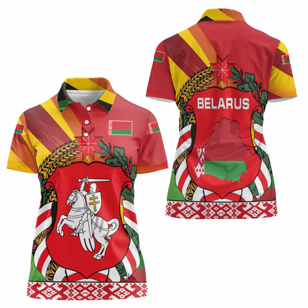 Belarus Red and Yellow National Crest Women Polo Shirt with Pahonia Knight and Folk Motif Design