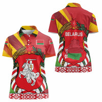 Belarus Red and Yellow National Crest Women Polo Shirt with Pahonia Knight and Folk Motif Design