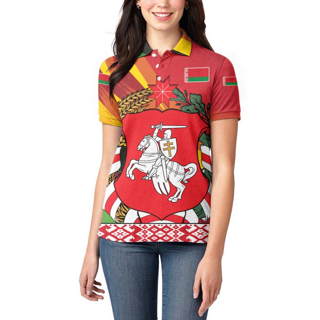 Belarus Red and Yellow National Crest Women Polo Shirt with Pahonia Knight and Folk Motif Design