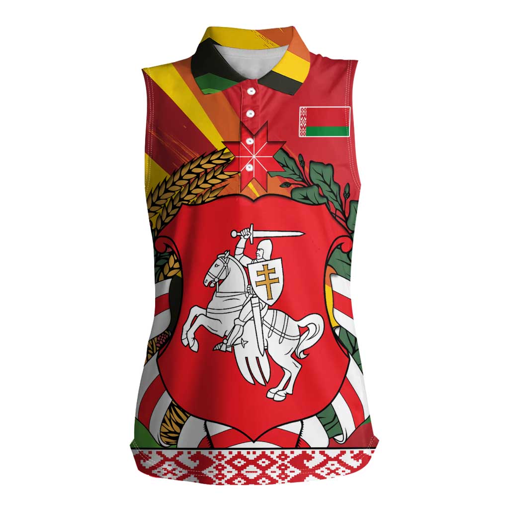 Belarus Red and Yellow National Crest Women Sleeveless Polo Shirt with Pahonia Knight and Folk Motif Design