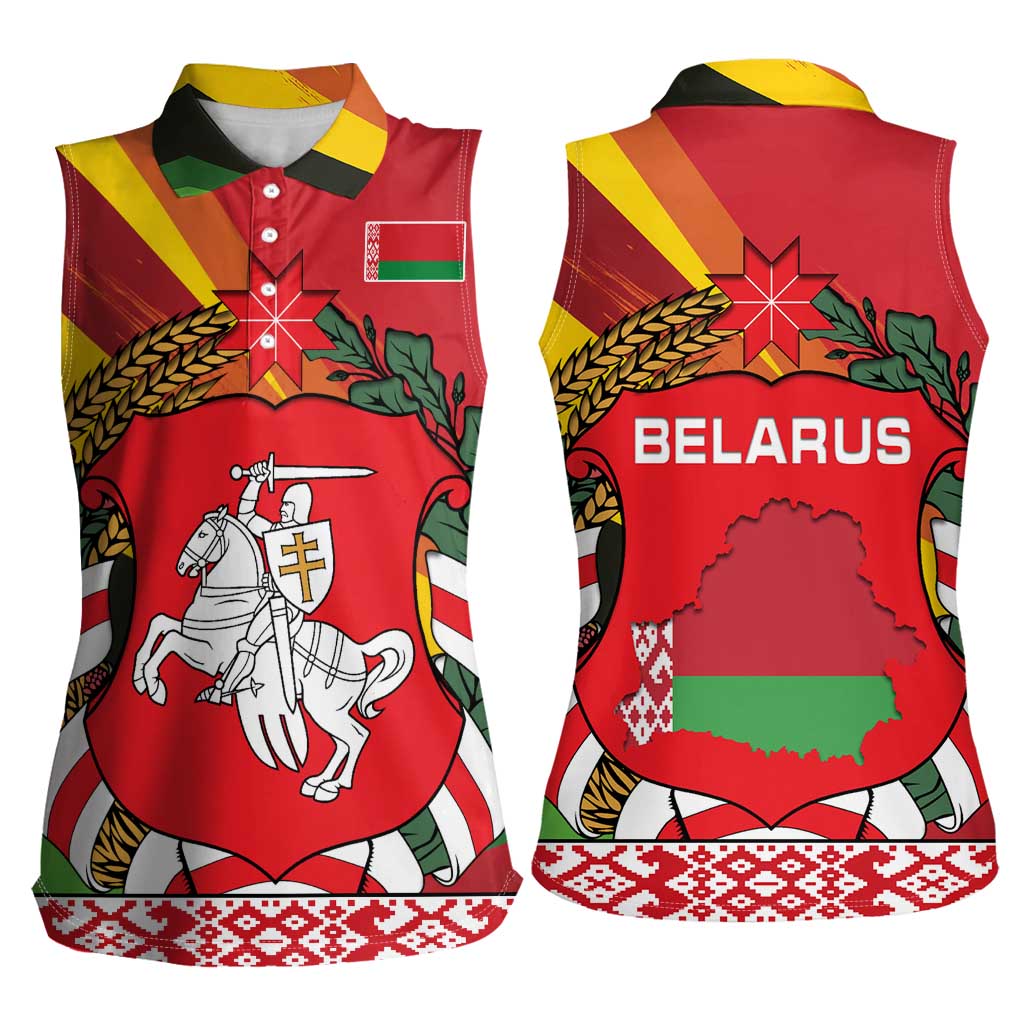 Belarus Red and Yellow National Crest Women Sleeveless Polo Shirt with Pahonia Knight and Folk Motif Design
