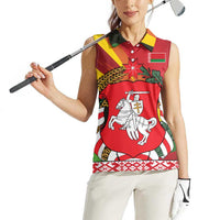Belarus Red and Yellow National Crest Women Sleeveless Polo Shirt with Pahonia Knight and Folk Motif Design