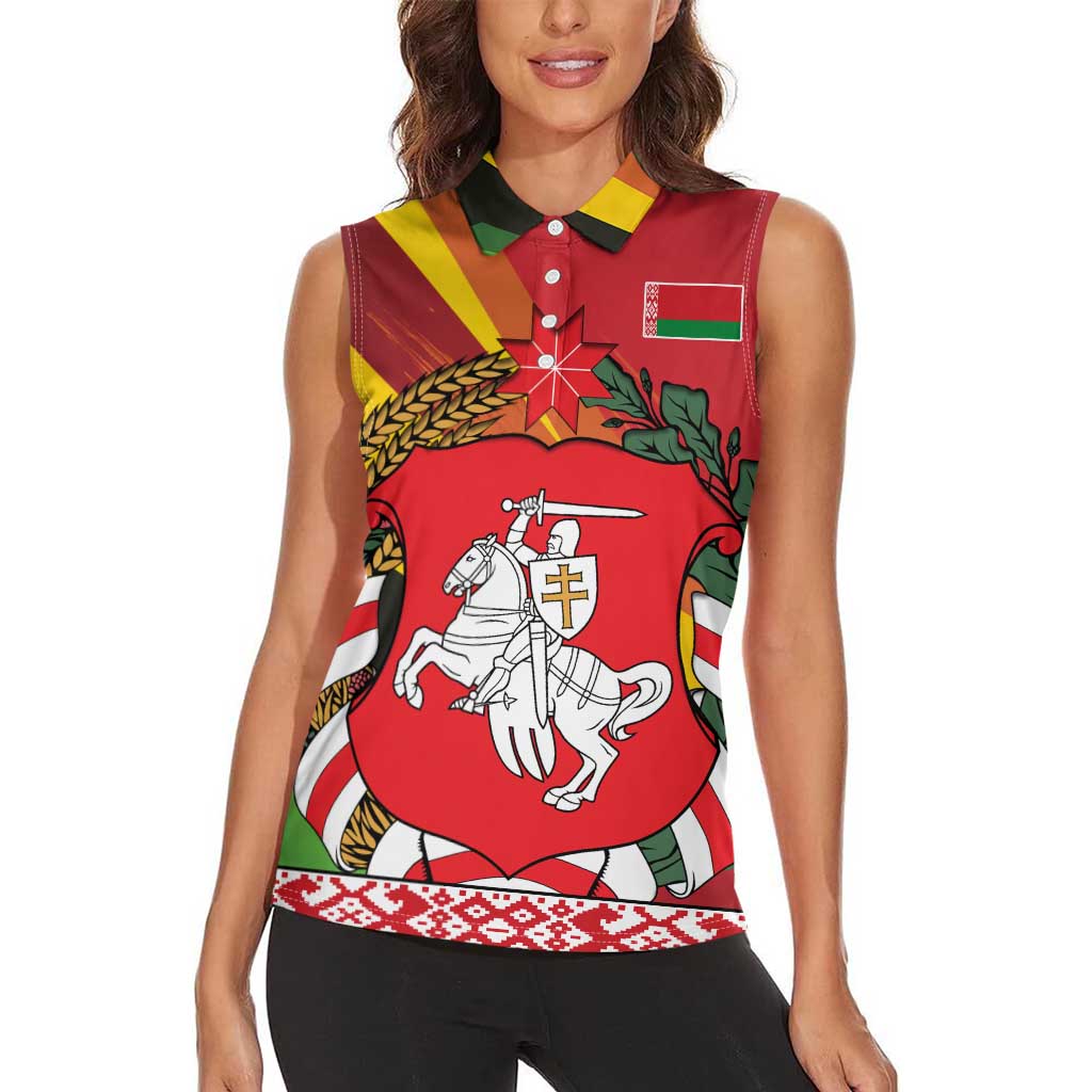 Belarus Red and Yellow National Crest Women Sleeveless Polo Shirt with Pahonia Knight and Folk Motif Design