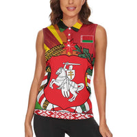 Belarus Red and Yellow National Crest Women Sleeveless Polo Shirt with Pahonia Knight and Folk Motif Design
