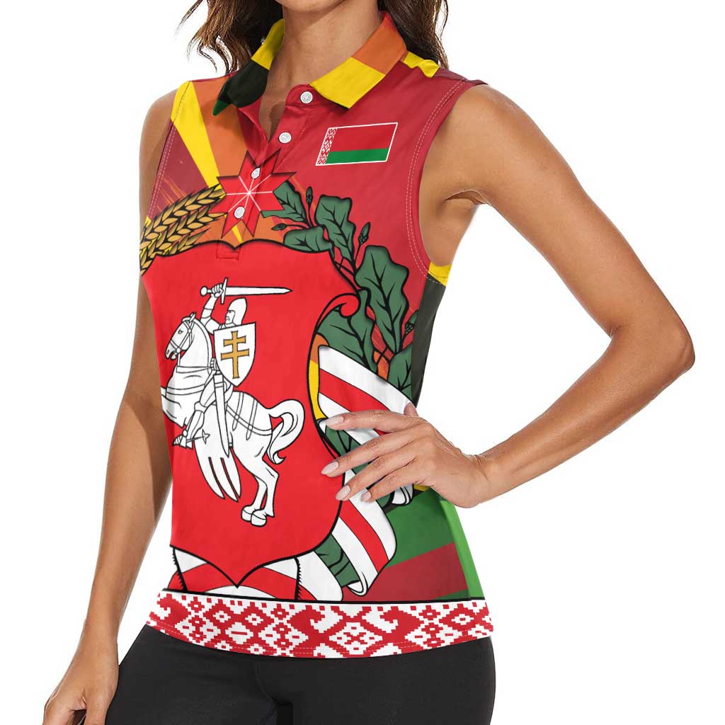 Belarus Red and Yellow National Crest Women Sleeveless Polo Shirt with Pahonia Knight and Folk Motif Design