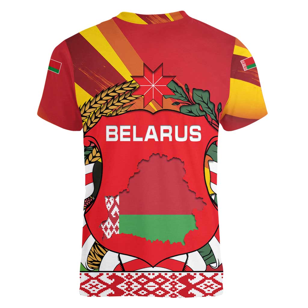 Belarus Red and Yellow National Crest Women V-Neck T-Shirt with Pahonia Knight and Folk Motif Design