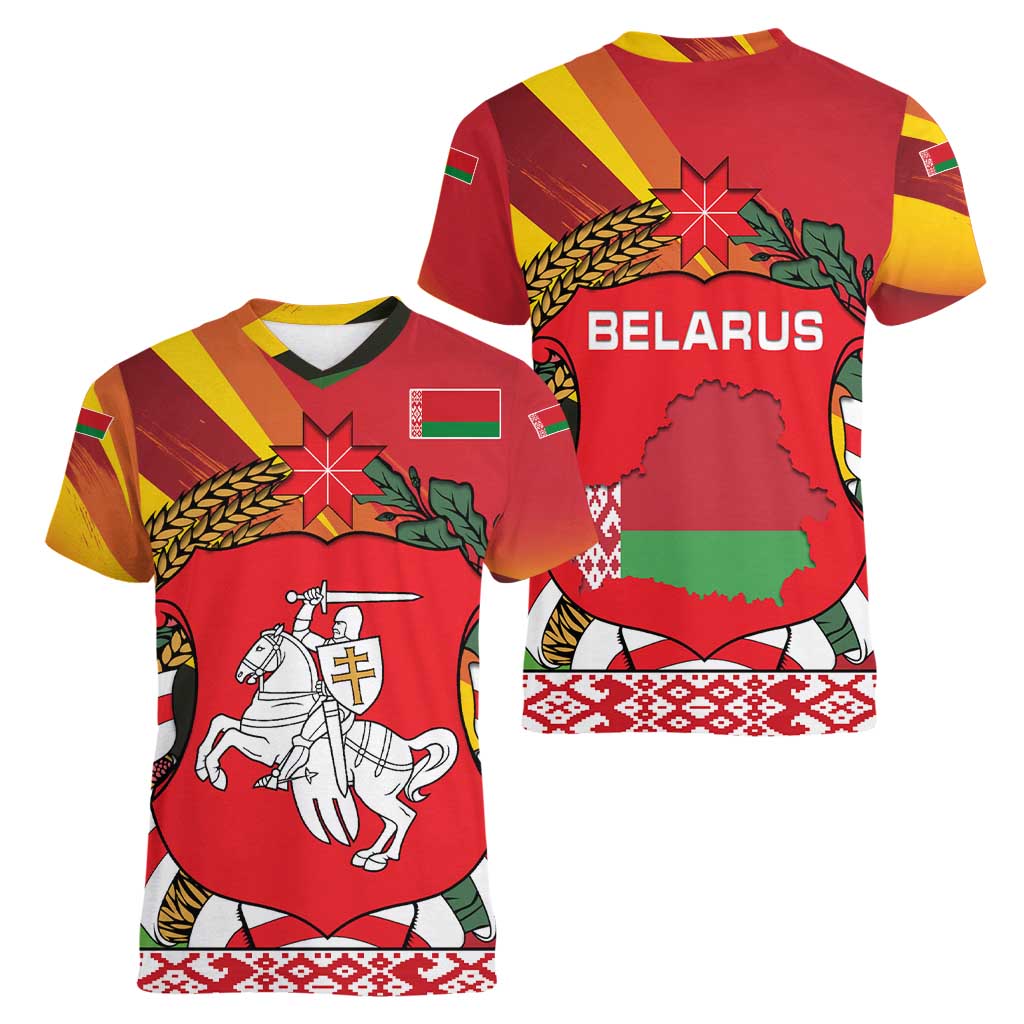 Belarus Red and Yellow National Crest Women V-Neck T-Shirt with Pahonia Knight and Folk Motif Design