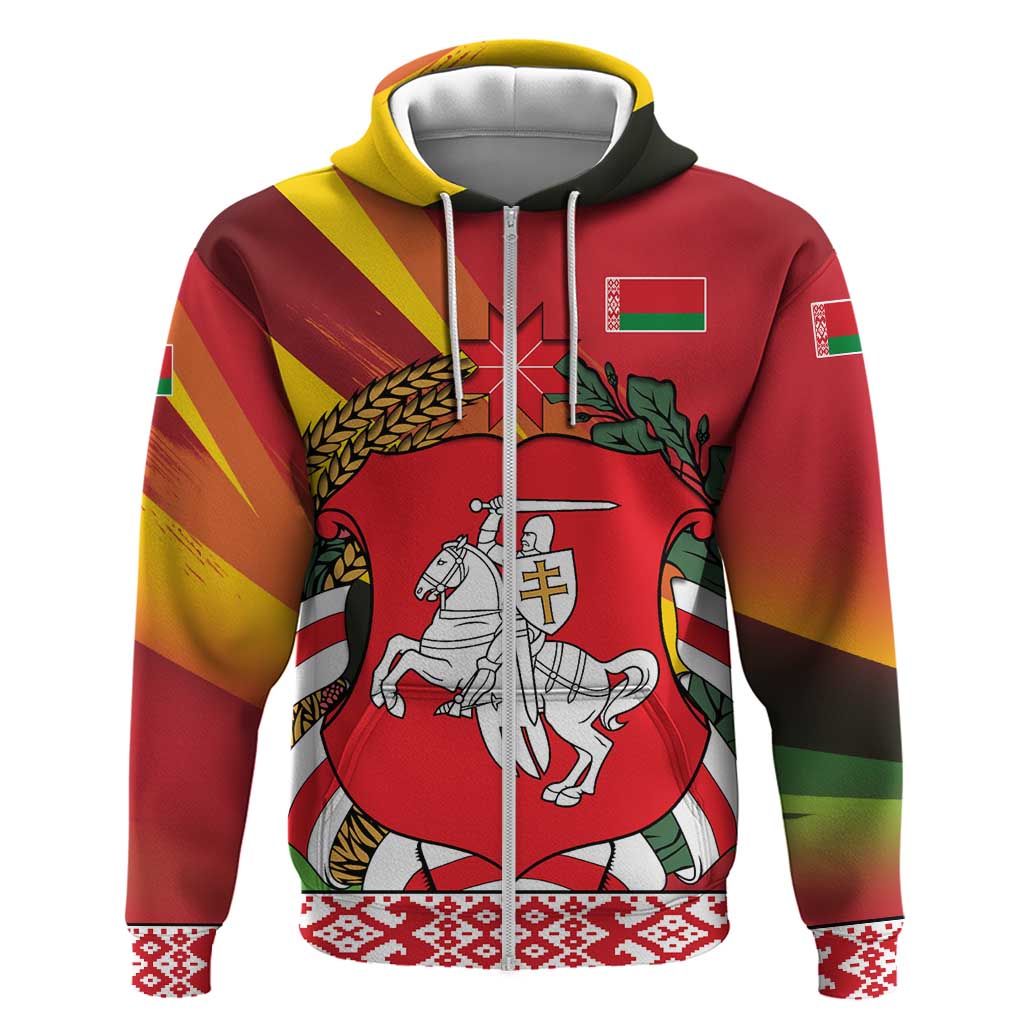 Belarus Red and Yellow National Crest Zip Hoodie with Pahonia Knight and Folk Motif Design