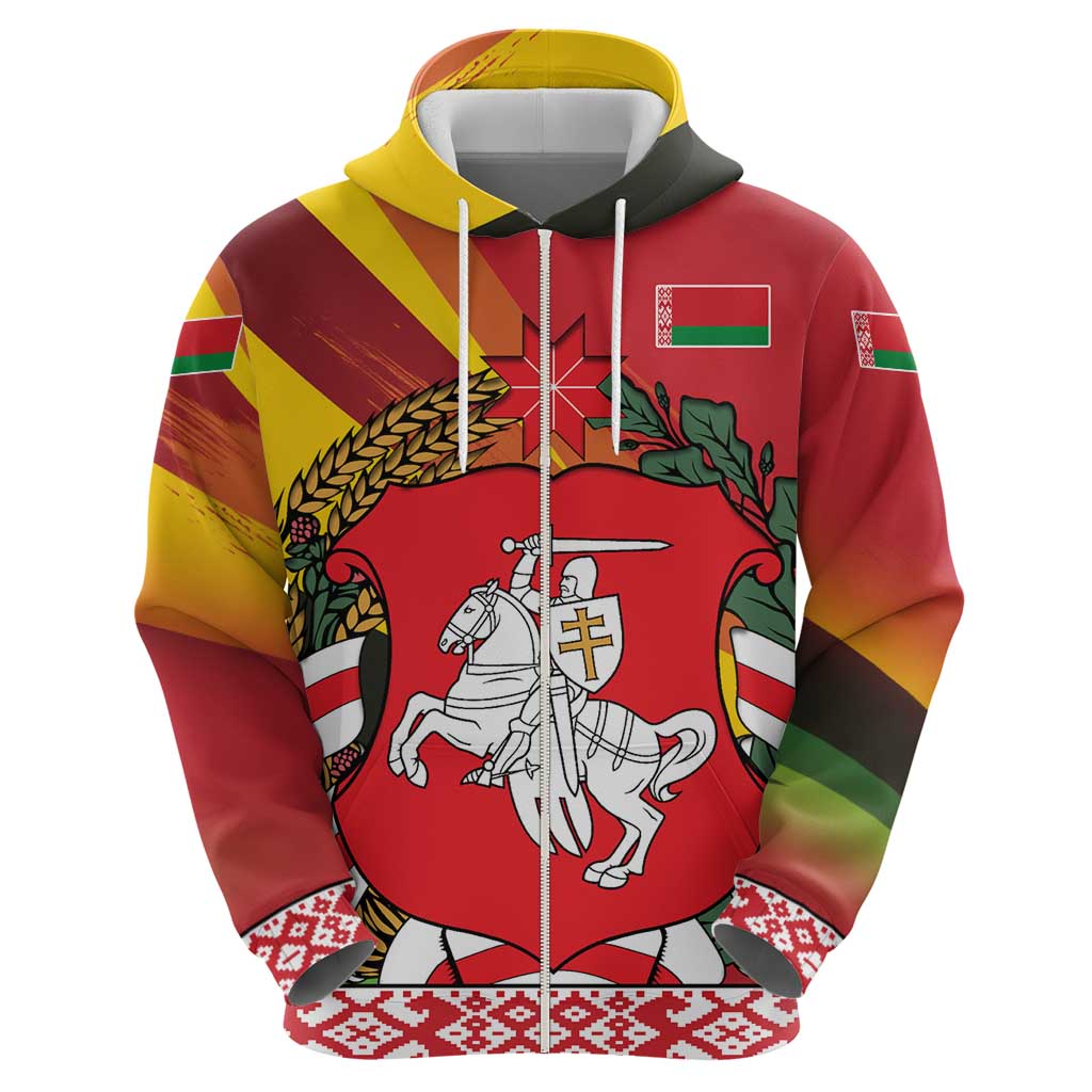 Belarus Red and Yellow National Crest Zip Hoodie with Pahonia Knight and Folk Motif Design