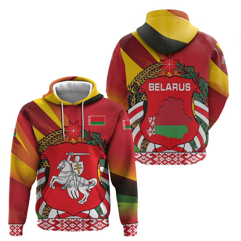 Belarus Red and Yellow National Crest Zip Hoodie with Pahonia Knight and Folk Motif Design