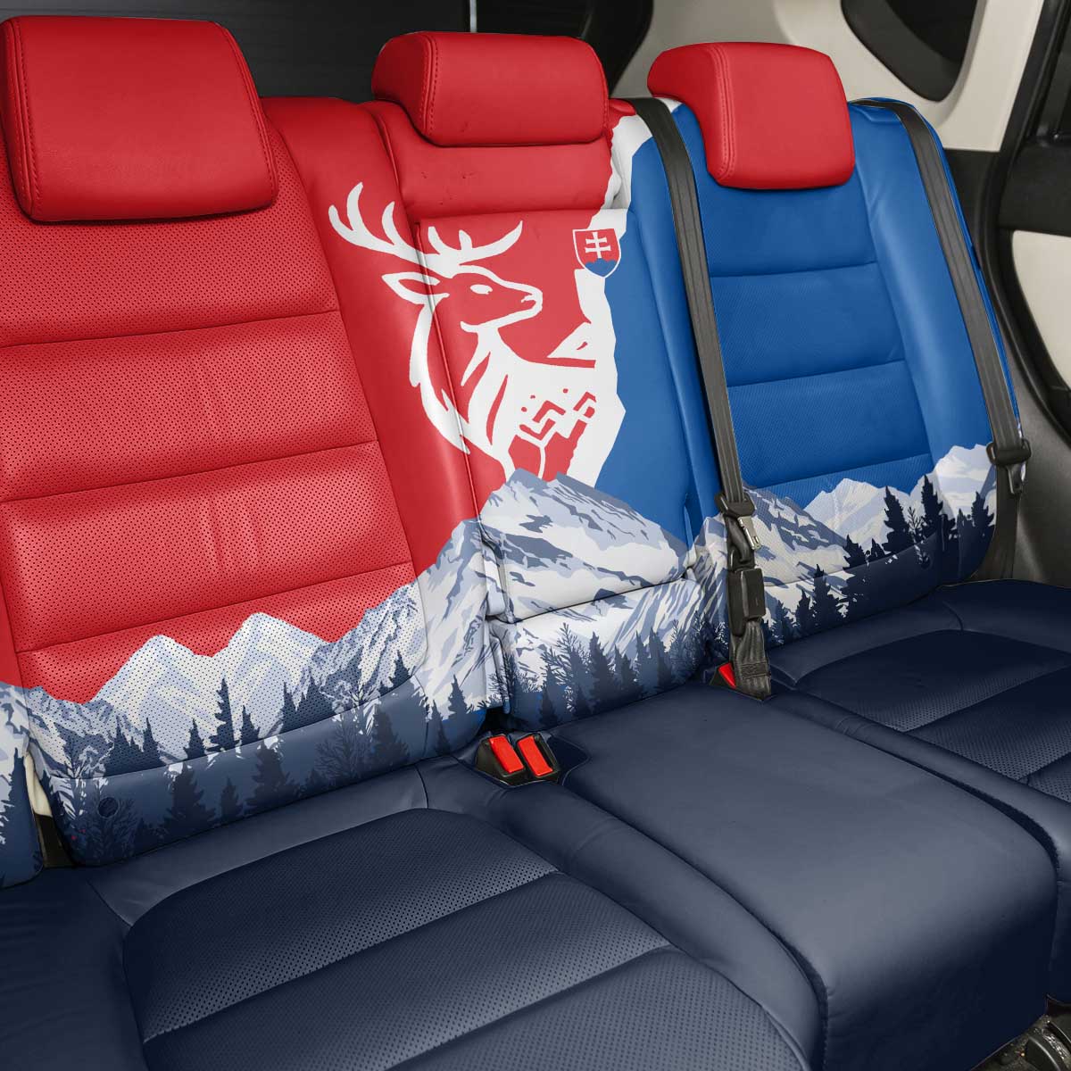 Slovakia – Red Blue Deer and Mountain Design Back Car Seat Cover with National Symbols