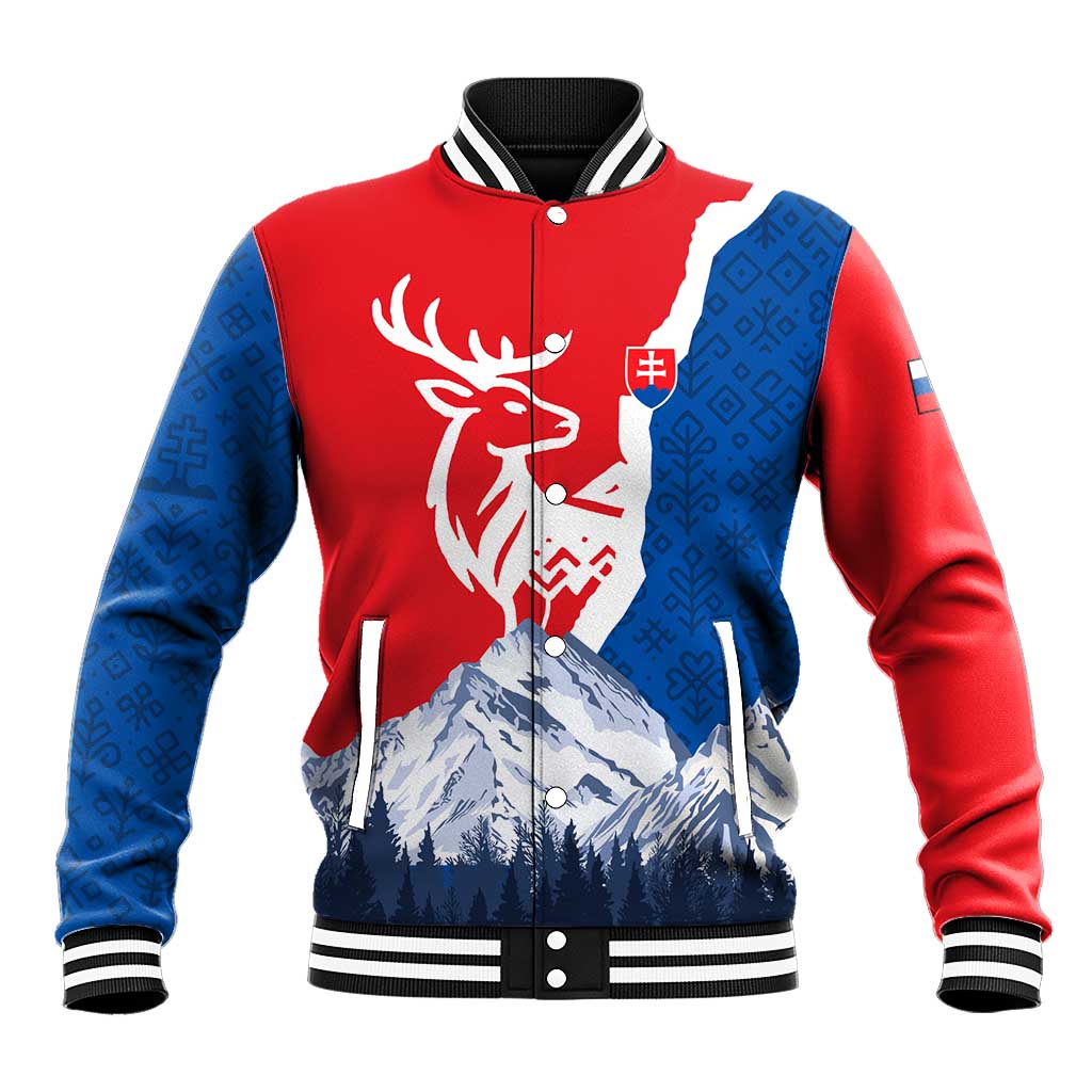 Slovakia – Red Blue Deer and Mountain Design Baseball Jacket with National Symbols