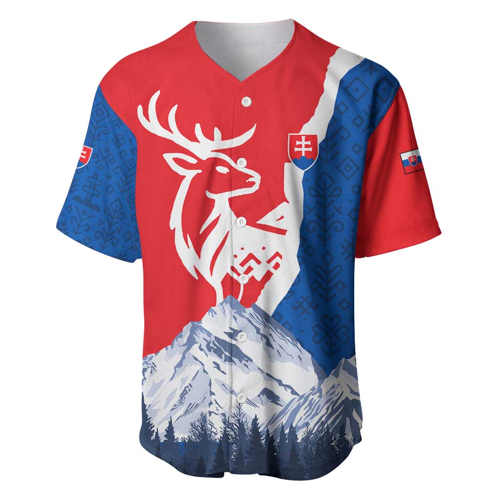 Slovakia – Red Blue Deer and Mountain Design Baseball Jersey with National Symbols