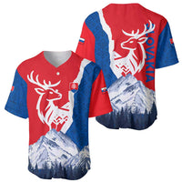 Slovakia – Red Blue Deer and Mountain Design Baseball Jersey with National Symbols