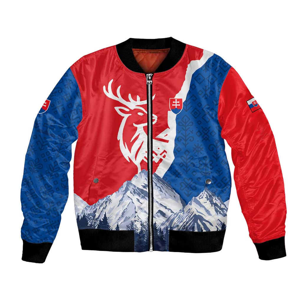 Slovakia – Red Blue Deer and Mountain Design Bomber Jacket with National Symbols