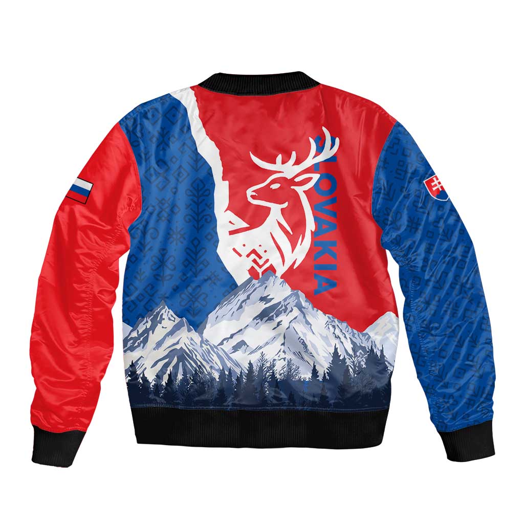 Slovakia – Red Blue Deer and Mountain Design Bomber Jacket with National Symbols