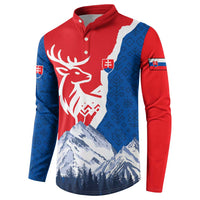 Slovakia – Red Blue Deer and Mountain Design Button Sweatshirt with National Symbols