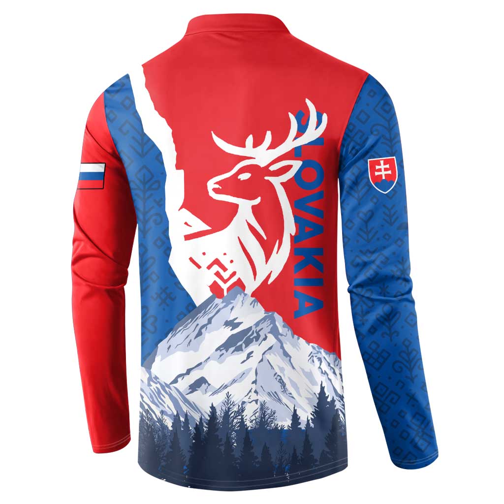 Slovakia – Red Blue Deer and Mountain Design Button Sweatshirt with National Symbols