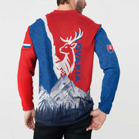 Slovakia – Red Blue Deer and Mountain Design Button Sweatshirt with National Symbols