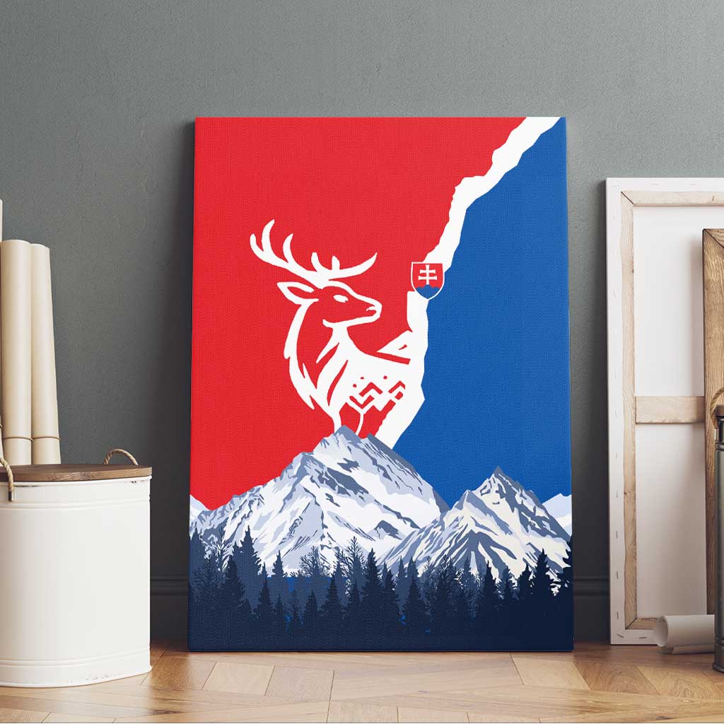 Slovakia – Red Blue Deer and Mountain Design Canvas Wall Art with National Symbols