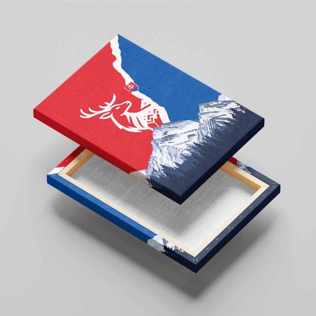 Slovakia – Red Blue Deer and Mountain Design Canvas Wall Art with National Symbols