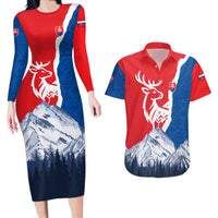 Slovakia – Red Blue Deer and Mountain Design Couples Matching Long Sleeve Bodycon Dress and Hawaiian Shirt with National Symbols
