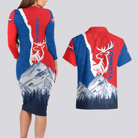 Slovakia – Red Blue Deer and Mountain Design Couples Matching Long Sleeve Bodycon Dress and Hawaiian Shirt with National Symbols