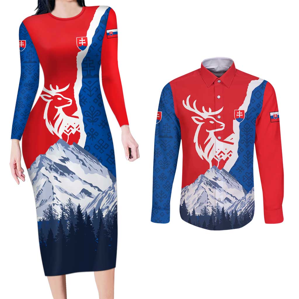Slovakia – Red Blue Deer and Mountain Design Couples Matching Long Sleeve Bodycon Dress and Long Sleeve Button Shirt with National Symbols