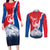 Slovakia – Red Blue Deer and Mountain Design Couples Matching Long Sleeve Bodycon Dress and Long Sleeve Button Shirt with National Symbols