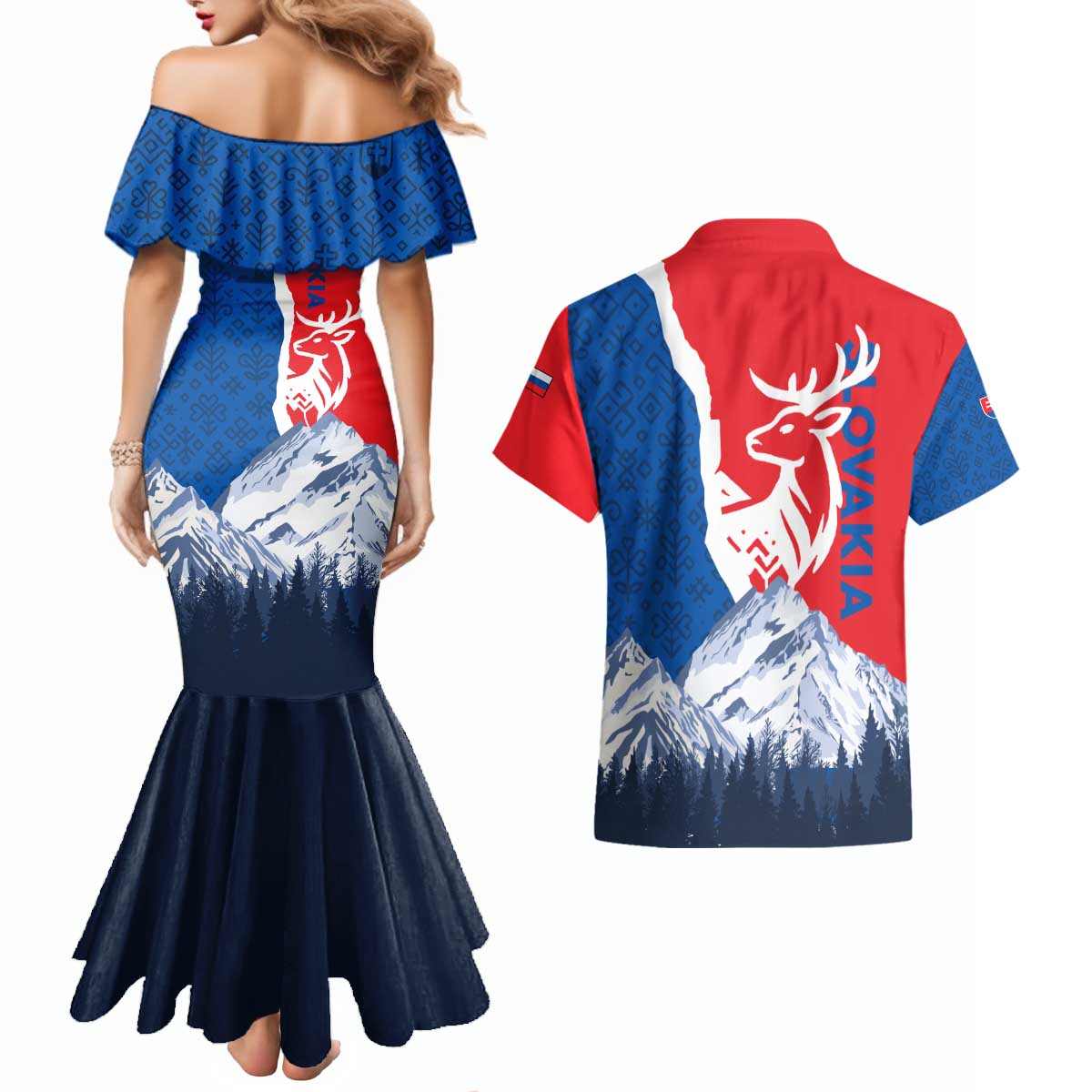 Slovakia – Red Blue Deer and Mountain Design Couples Matching Mermaid Dress and Hawaiian Shirt with National Symbols