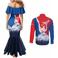 Slovakia – Red Blue Deer and Mountain Design Couples Matching Mermaid Dress and Long Sleeve Button Shirt with National Symbols
