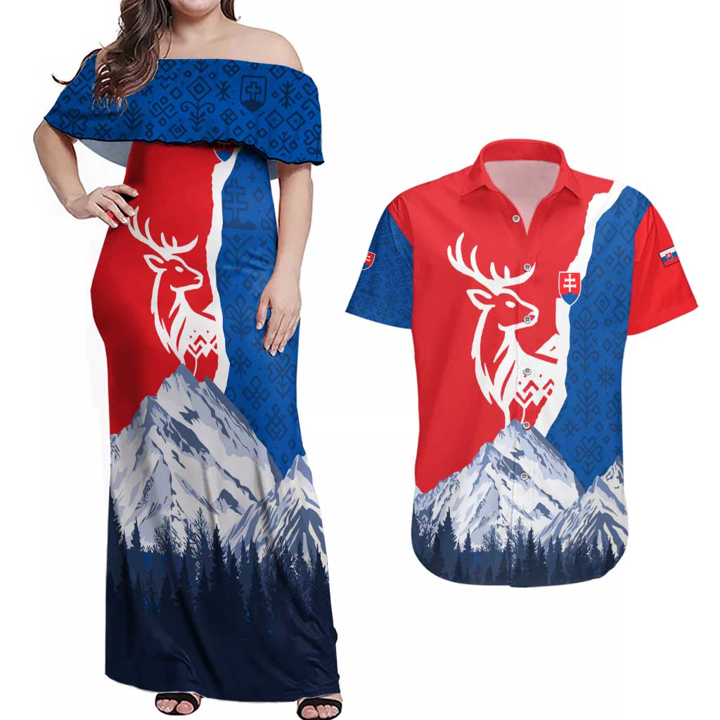 Slovakia – Red Blue Deer and Mountain Design Couples Matching Off Shoulder Maxi Dress and Hawaiian Shirt with National Symbols