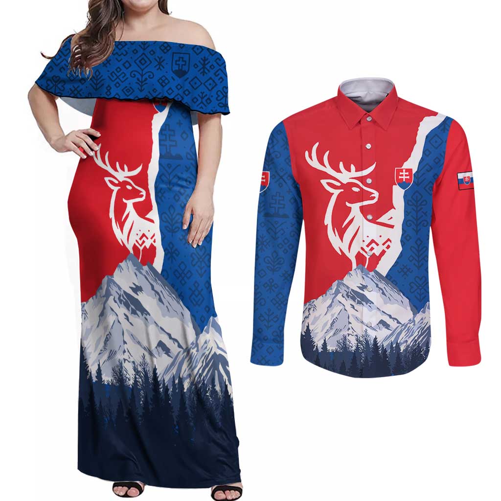 Slovakia – Red Blue Deer and Mountain Design Couples Matching Off Shoulder Maxi Dress and Long Sleeve Button Shirt with National Symbols