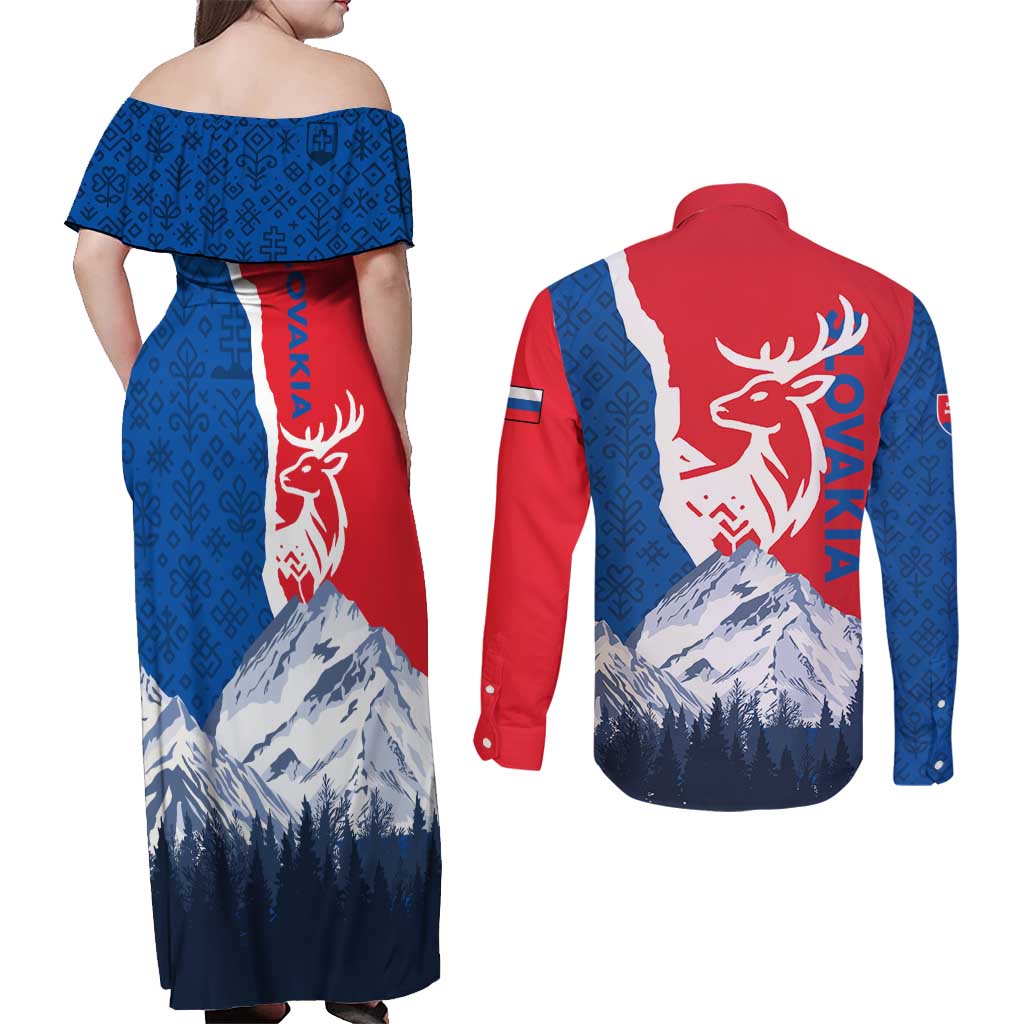 Slovakia – Red Blue Deer and Mountain Design Couples Matching Off Shoulder Maxi Dress and Long Sleeve Button Shirt with National Symbols
