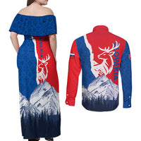 Slovakia – Red Blue Deer and Mountain Design Couples Matching Off Shoulder Maxi Dress and Long Sleeve Button Shirt with National Symbols