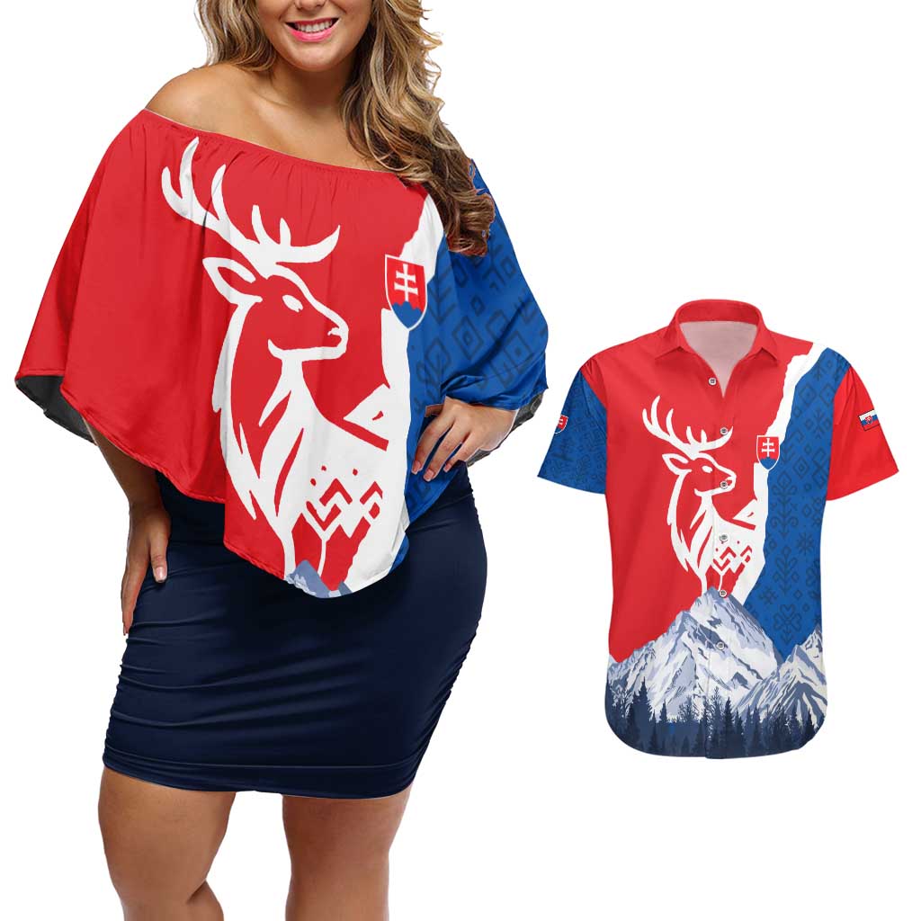 Slovakia – Red Blue Deer and Mountain Design Couples Matching Off Shoulder Short Dress and Hawaiian Shirt with National Symbols