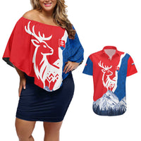 Slovakia – Red Blue Deer and Mountain Design Couples Matching Off Shoulder Short Dress and Hawaiian Shirt with National Symbols