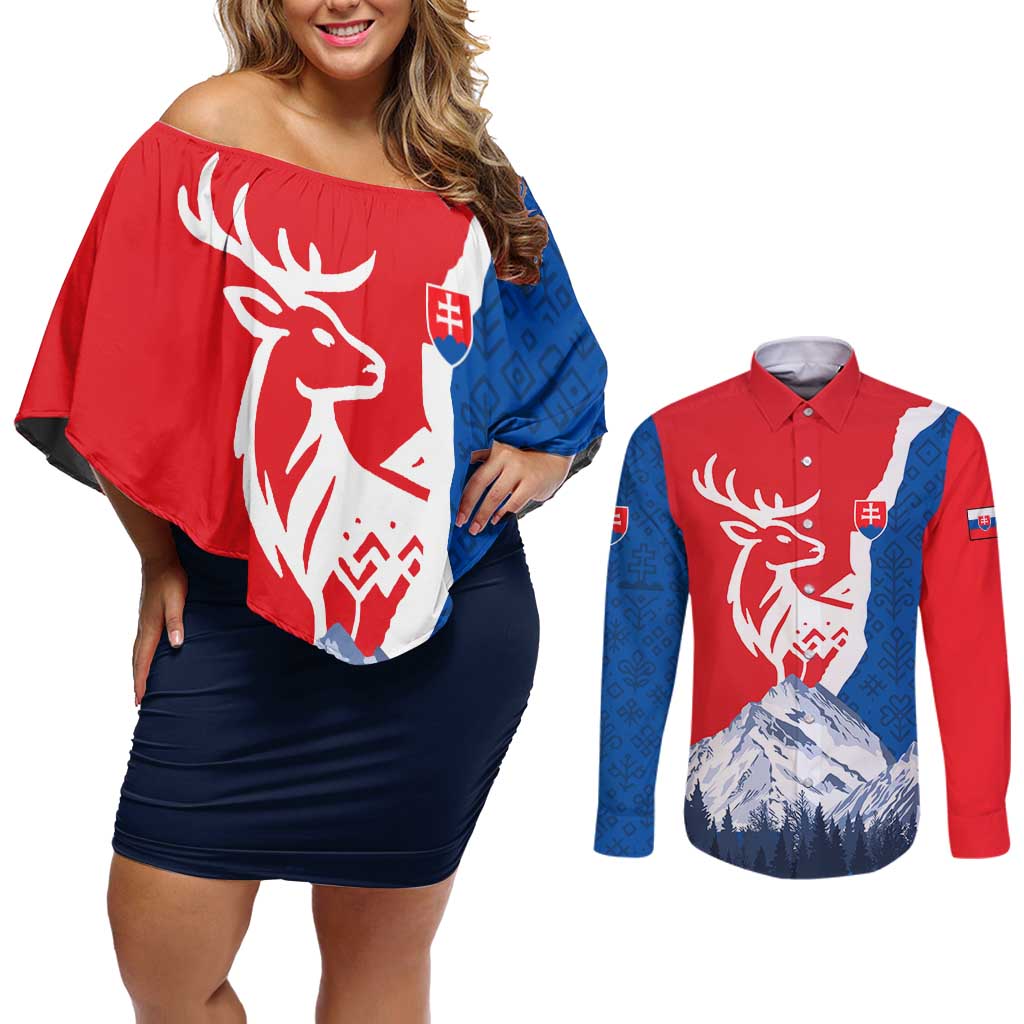 Slovakia – Red Blue Deer and Mountain Design Couples Matching Off Shoulder Short Dress and Long Sleeve Button Shirt with National Symbols