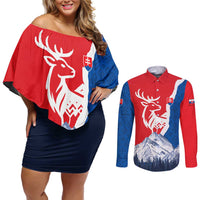 Slovakia – Red Blue Deer and Mountain Design Couples Matching Off Shoulder Short Dress and Long Sleeve Button Shirt with National Symbols