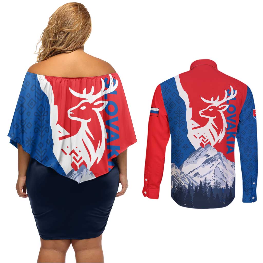 Slovakia – Red Blue Deer and Mountain Design Couples Matching Off Shoulder Short Dress and Long Sleeve Button Shirt with National Symbols