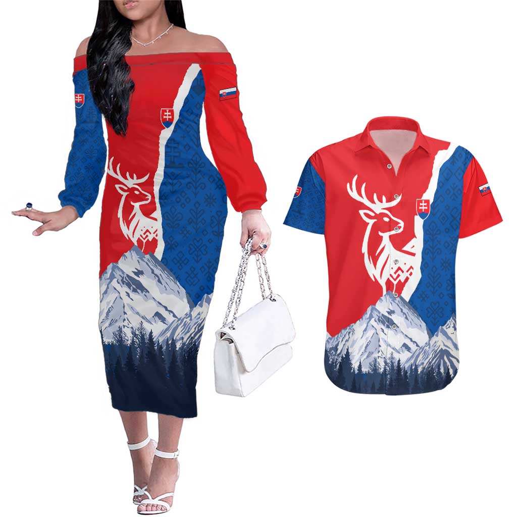 Slovakia – Red Blue Deer and Mountain Design Couples Matching Off The Shoulder Long Sleeve Dress and Hawaiian Shirt with National Symbols