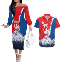Slovakia – Red Blue Deer and Mountain Design Couples Matching Off The Shoulder Long Sleeve Dress and Hawaiian Shirt with National Symbols