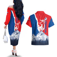 Slovakia – Red Blue Deer and Mountain Design Couples Matching Off The Shoulder Long Sleeve Dress and Hawaiian Shirt with National Symbols