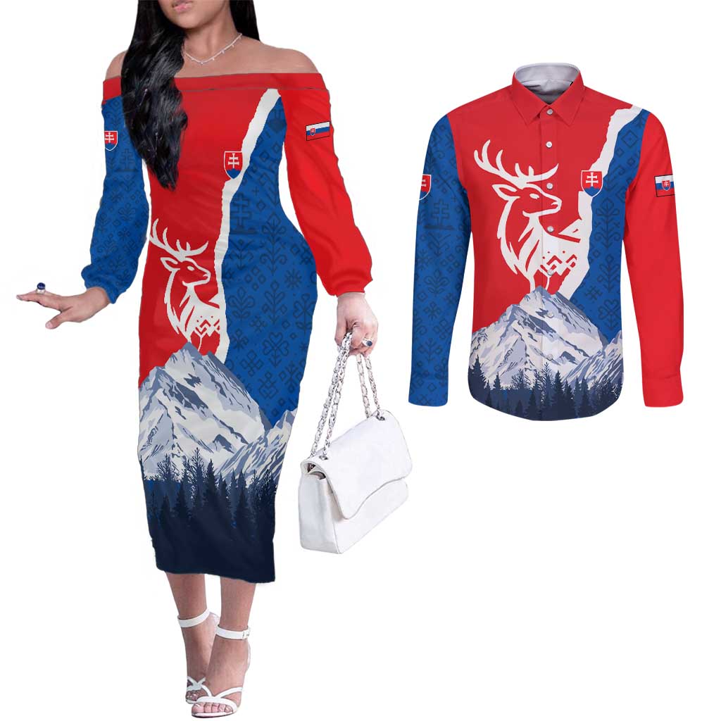 Slovakia – Red Blue Deer and Mountain Design Couples Matching Off The Shoulder Long Sleeve Dress and Long Sleeve Button Shirt with National Symbols