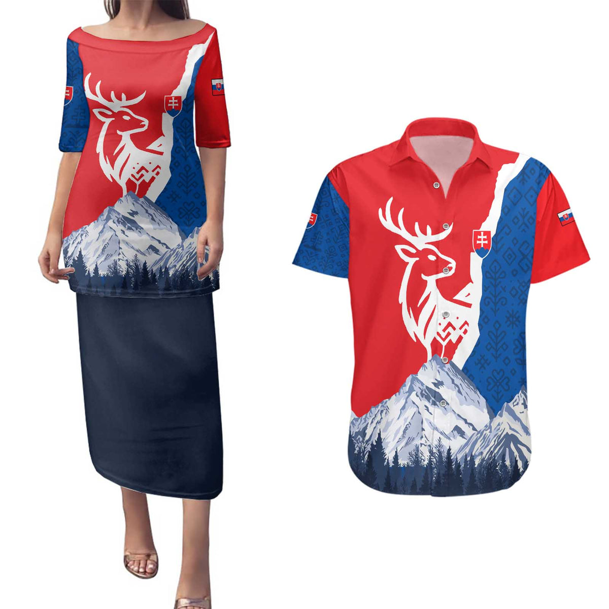 Slovakia – Red Blue Deer and Mountain Design Couples Matching Puletasi and Hawaiian Shirt with National Symbols