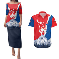 Slovakia – Red Blue Deer and Mountain Design Couples Matching Puletasi and Hawaiian Shirt with National Symbols