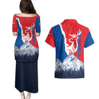 Slovakia – Red Blue Deer and Mountain Design Couples Matching Puletasi and Hawaiian Shirt with National Symbols
