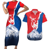 Slovakia – Red Blue Deer and Mountain Design Couples Matching Short Sleeve Bodycon Dress and Hawaiian Shirt with National Symbols