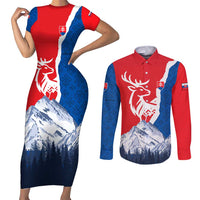 Slovakia – Red Blue Deer and Mountain Design Couples Matching Short Sleeve Bodycon Dress and Long Sleeve Button Shirt with National Symbols