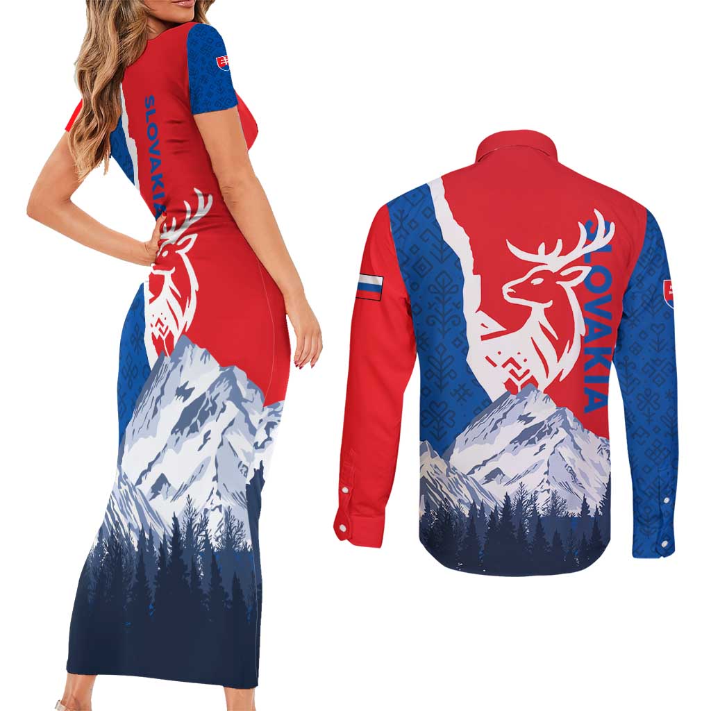 Slovakia – Red Blue Deer and Mountain Design Couples Matching Short Sleeve Bodycon Dress and Long Sleeve Button Shirt with National Symbols